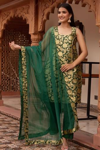 Green jacquard straight suit set