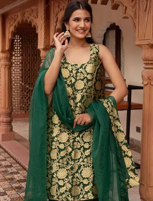 Green jacquard straight suit set 4