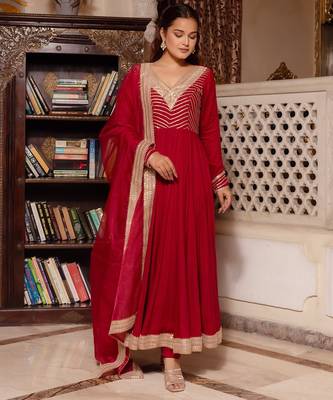 Maroon gotapatti rayon anarkali suit set 1