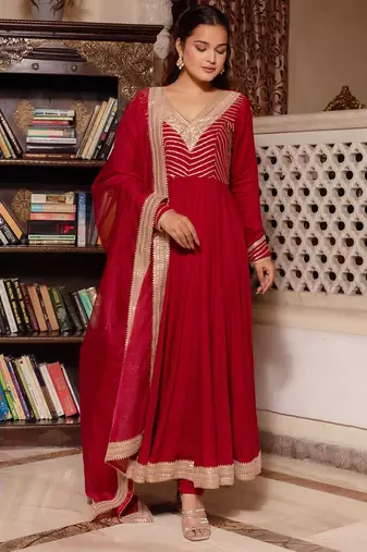 Maroon gotapatti rayon anarkali suit set
