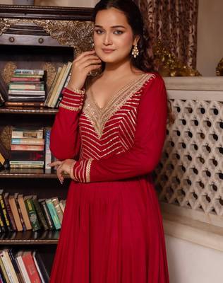 Maroon gotapatti rayon anarkali suit set 3