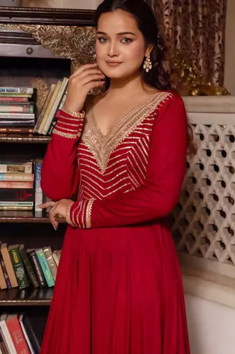 Maroon gotapatti rayon anarkali suit set