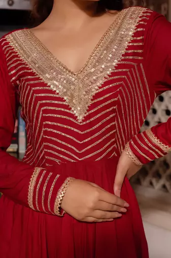 Maroon gotapatti rayon anarkali suit set