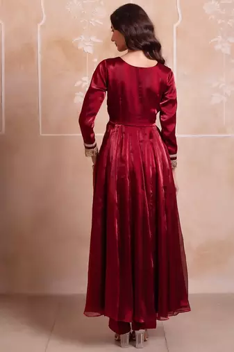 Maroon organza handwork anarkali suit set