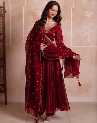 Maroon organza handwork anarkali suit set 1