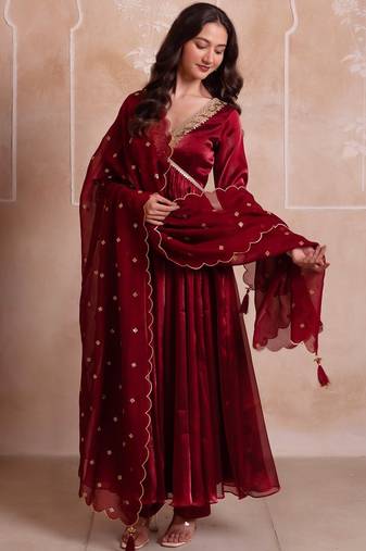 Maroon organza handwork anarkali suit set