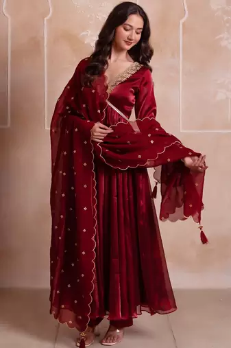 Maroon organza handwork anarkali suit set