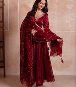Maroon organza handwork anarkali suit set