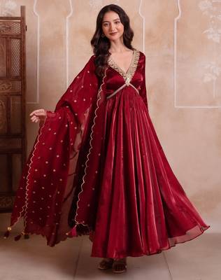 Maroon organza handwork anarkali suit set 3