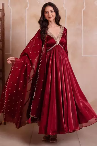 Maroon organza handwork anarkali suit set