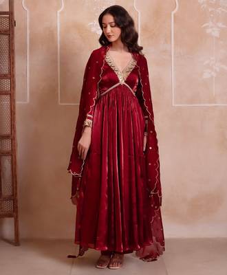 Maroon organza handwork anarkali suit set 4