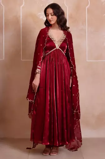 Maroon organza handwork anarkali suit set