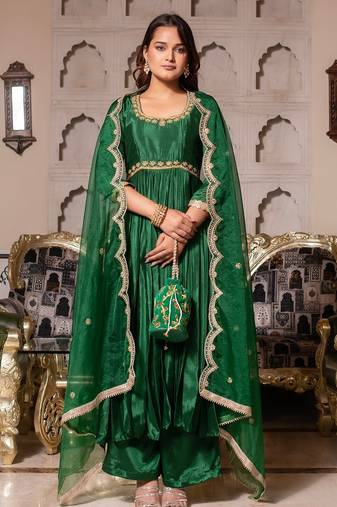 Forest green chinon handwork anarkali suit set