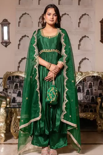 Forest green chinon handwork anarkali suit set