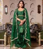 Forest green chinon handwork anarkali suit set