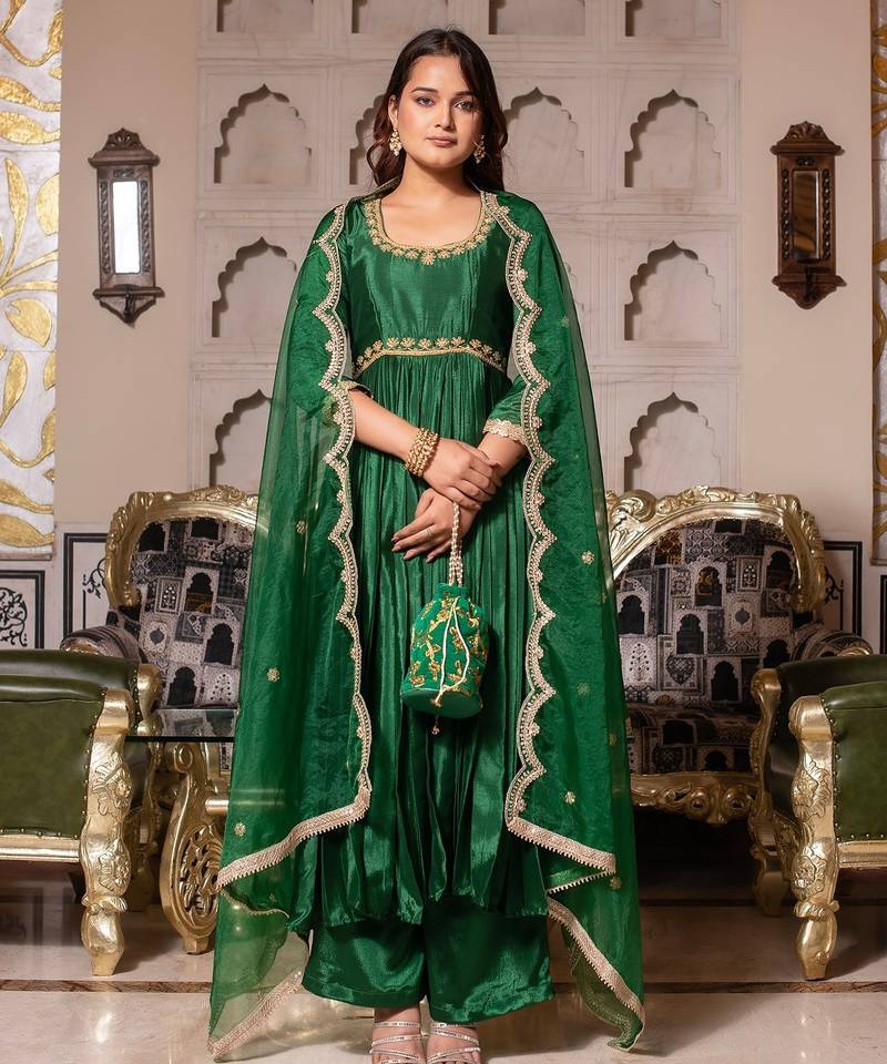 Forest green chinon handwork anarkali suit set