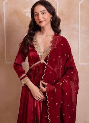 Maroon organza handwork anarkali suit set 5