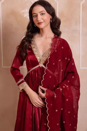 Maroon organza handwork anarkali suit set