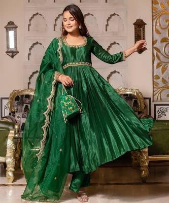 Forest green chinon handwork anarkali suit set 2