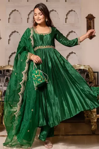 Forest green chinon handwork anarkali suit set