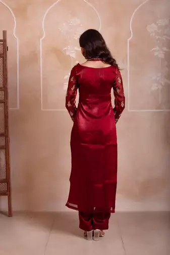 Maroon organza handwork kurta set