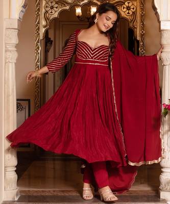 Maroon sequined chinon anarkali suit set 1