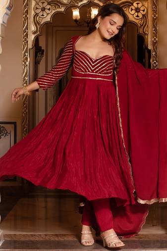 Maroon sequined chinon anarkali suit set
