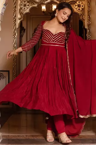 Maroon sequined chinon anarkali suit set