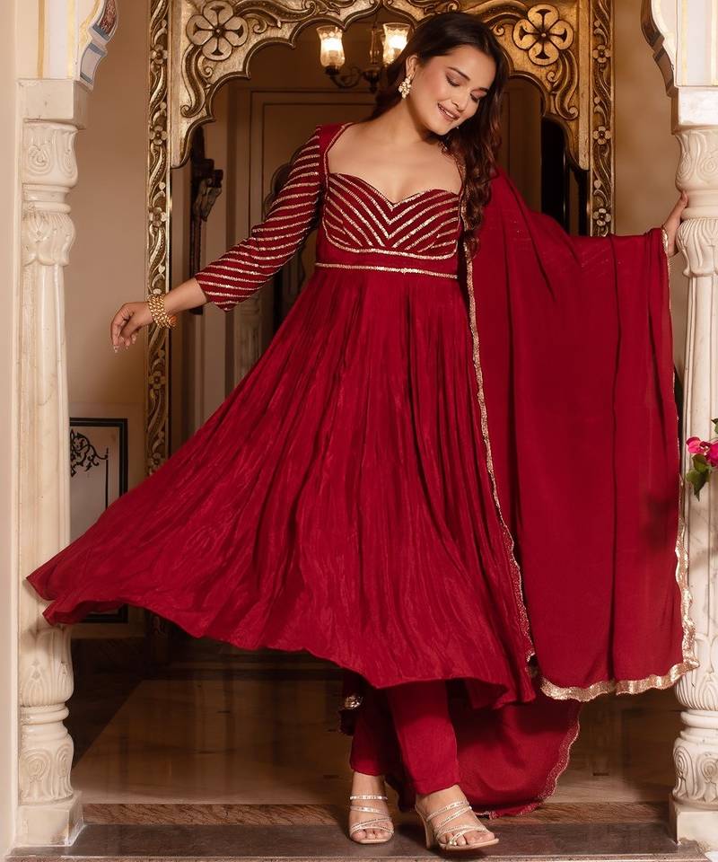 Maroon sequined chinon anarkali suit set