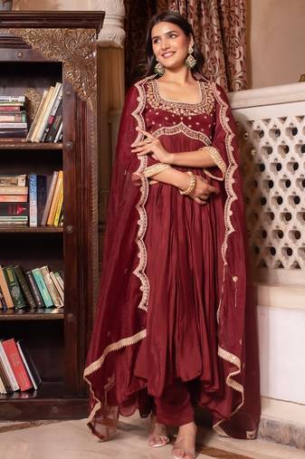 Brown chinon handwork anarkali suit set