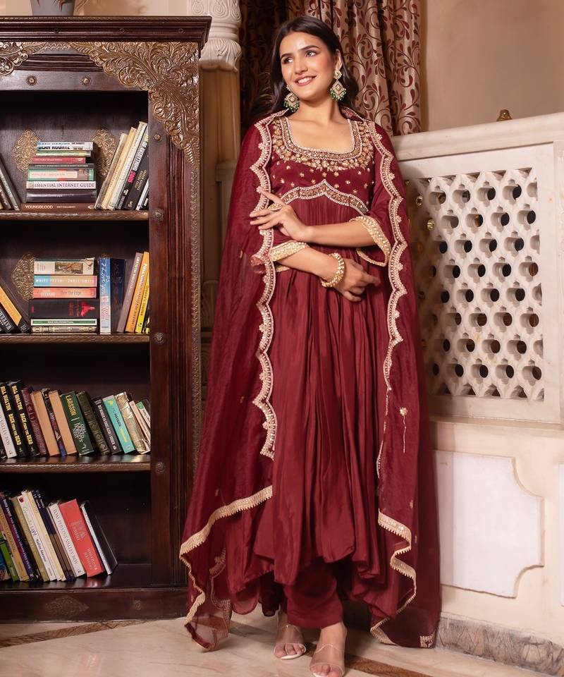 Brown chinon handwork anarkali suit set