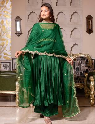 Forest green chinon handwork anarkali suit set 3