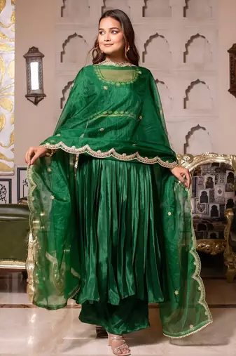 Forest green chinon handwork anarkali suit set