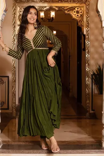 Mehendi green sequined chinon anarkali suit set