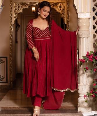 Maroon sequined chinon anarkali suit set 2
