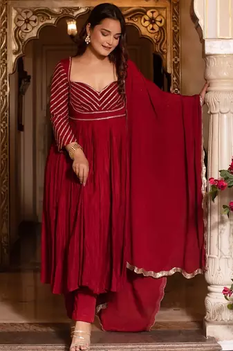 Maroon sequined chinon anarkali suit set
