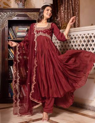Brown chinon handwork anarkali suit set 2