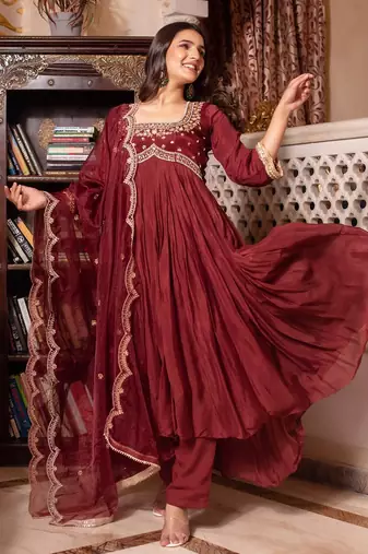 Brown chinon handwork anarkali suit set