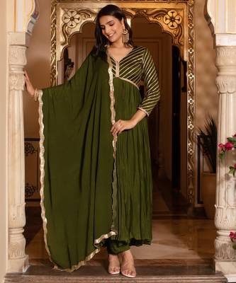 Mehendi green sequined chinon anarkali suit set 4