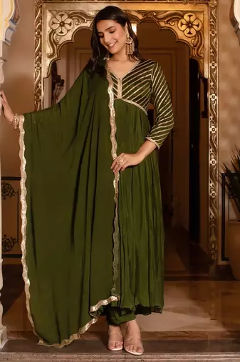 Mehendi green sequined chinon anarkali suit set