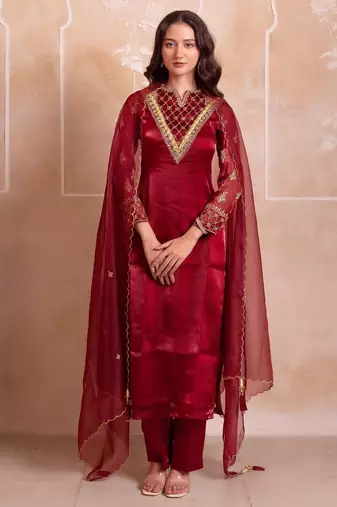 Maroon organza handwork kurta set