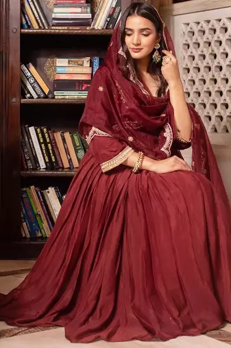Brown chinon handwork anarkali suit set