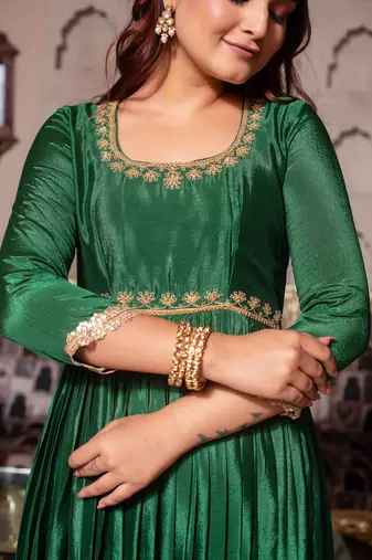 Forest green chinon handwork anarkali suit set