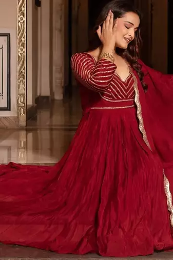 Maroon sequined chinon anarkali suit set