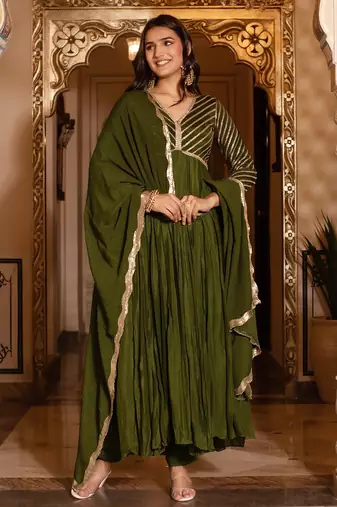 Mehendi green sequined chinon anarkali suit set