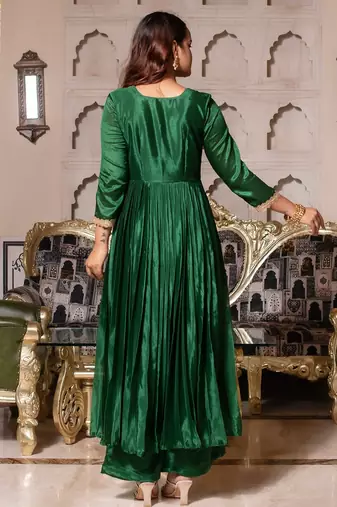 Forest green chinon handwork anarkali suit set