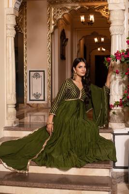 Mehendi green sequined chinon anarkali suit set 1