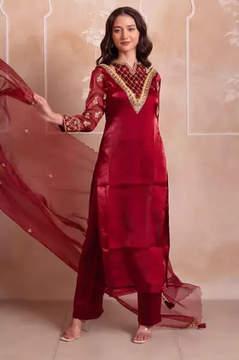 Maroon organza handwork kurta set