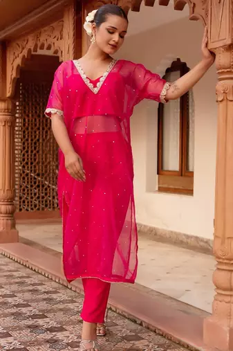 Maroon silk sequined kurta set