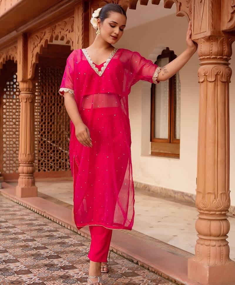 Maroon silk sequined kurta set